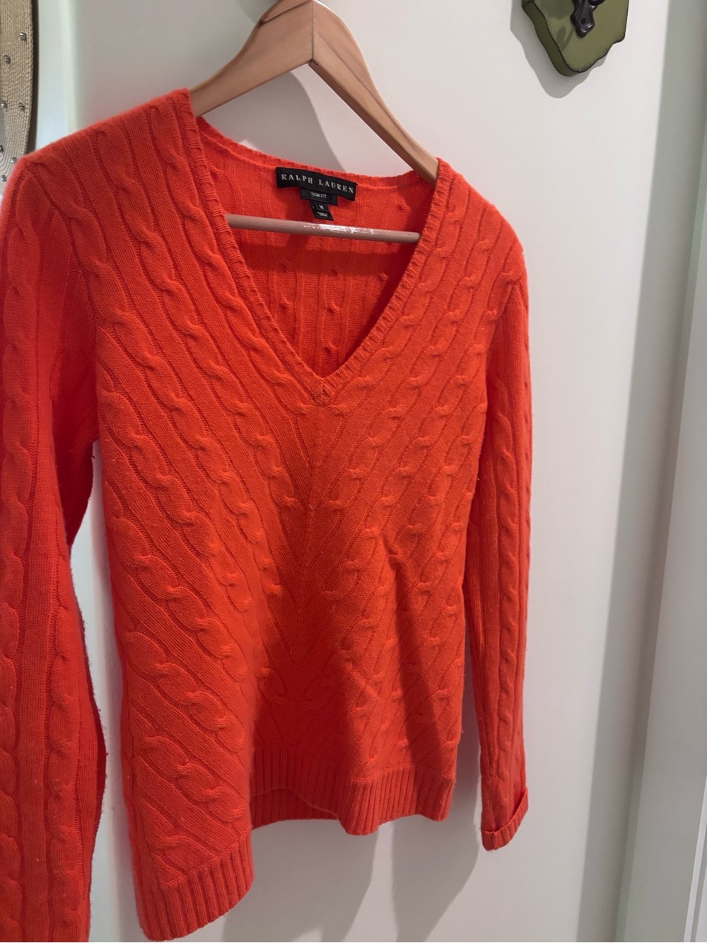 Ralph Lauren Bright Orange Cable Knit V-Neck Sweater